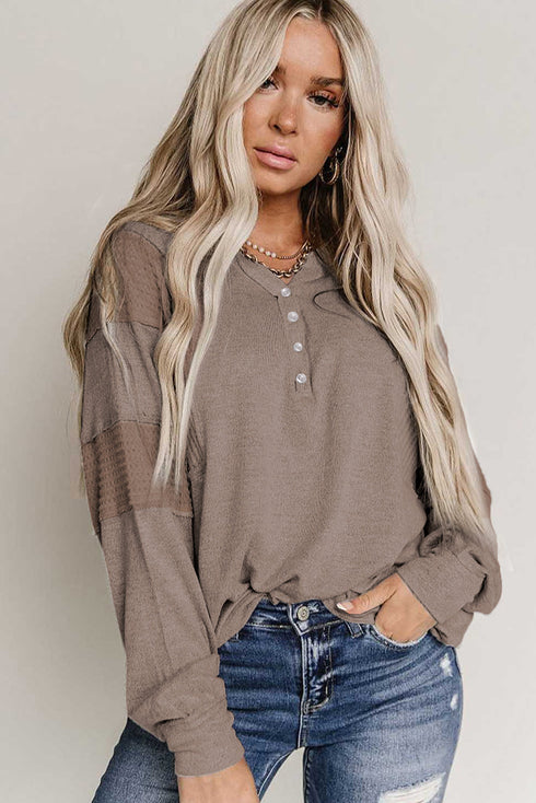 Waffle Patchwork Dolman Sleeve Henley Top
